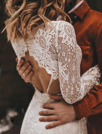 Beach Open Back Boho Wedding Dresses A-Line V Neck Long Sleeve Court Train Lace Bridal Gowns