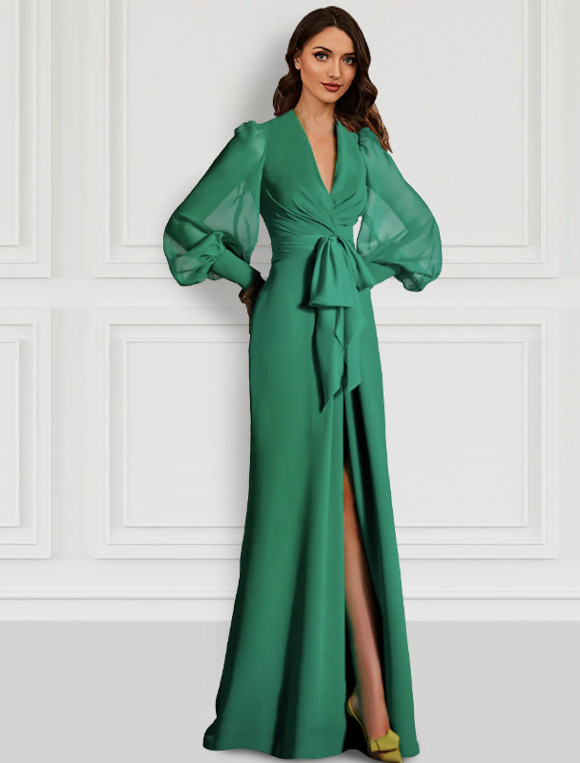 Evening Gown Sage Mother Elegant Dress Formal Sweep / Brush Train Long Sleeve V Neck Chiffon with Slit Strappy