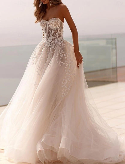 Beach Open Back Formal Wedding Dresses Ball Gown Sweetheart Sleeveless Sweep / Brush Train Tulle Bridal Gowns