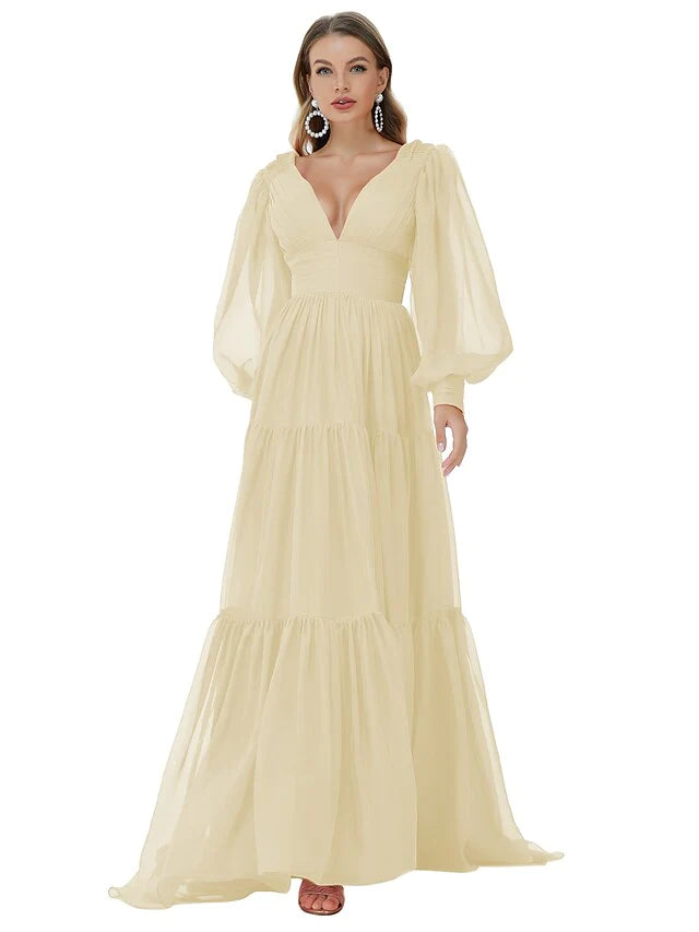 A-Line Evening Gown Sexy Dress Party Wear Sweep / Brush Train Long Sleeve V Neck Chiffon with Ruched