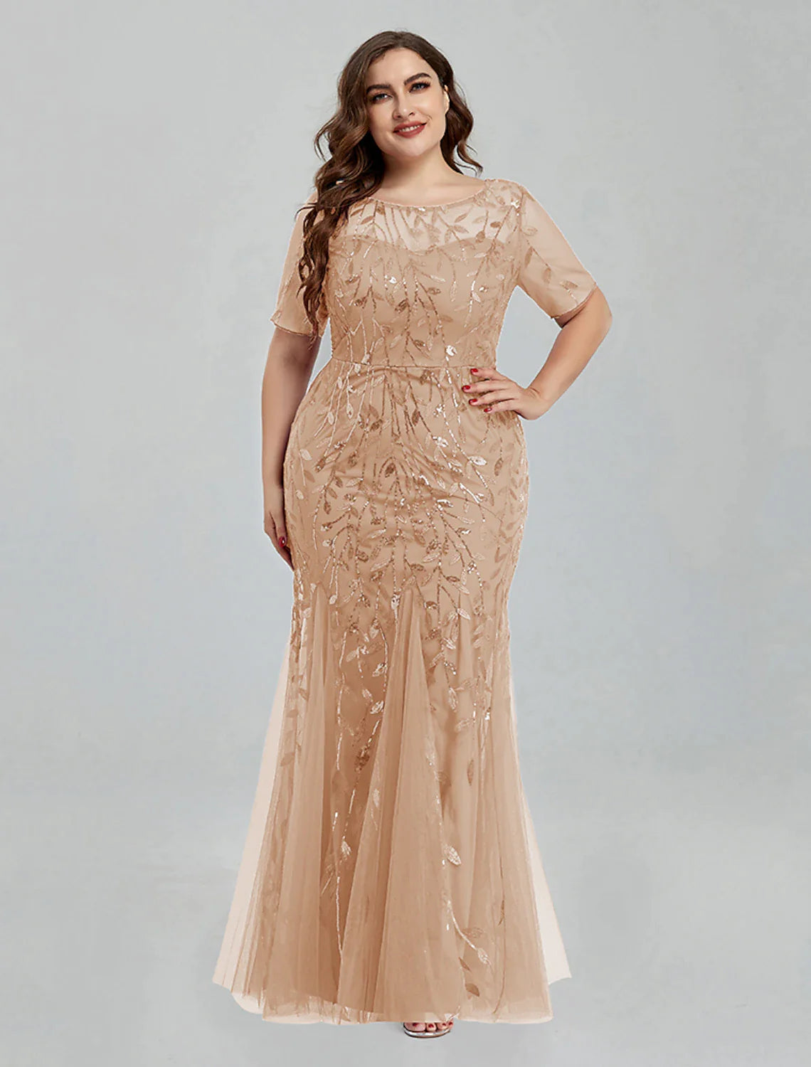 Evening Gown Empire Dress Homecoming Floor Length Short Sleeve Jewel Neck Tulle with Embroidery