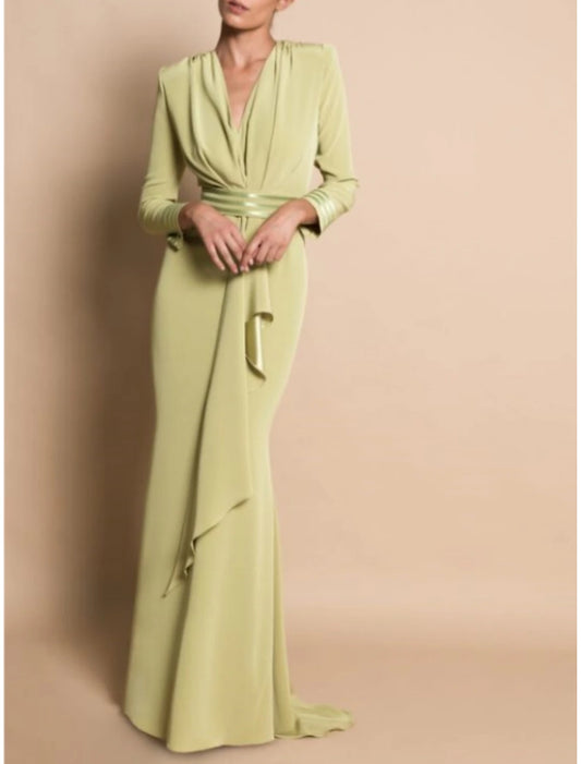 Sheath Mother of the Bride Dress Formal Wedding Guest Elegant Party V Neck Sweep Brush Train Chiffon Long Sleeve