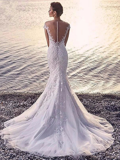 Beach Formal Wedding Dresses Court Train Mermaid / Trumpet Cap Sleeve Scoop Neck Off Shoulder Lace With Appliques