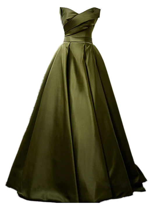 A-Line Evening Gown Sexy Dress Formal Floor Length Sleeveless Strapless Satin with Pleats Strappy