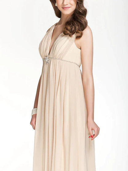 A-Line Bridesmaid Dress V Neck Sleeveless Beautiful Back Floor Length Chiffon