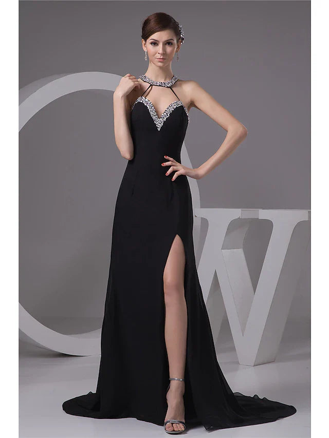 Evening Gown Sexy Dress Engagement Court Train Sleeveless Halter Chiffon with Beading Slit