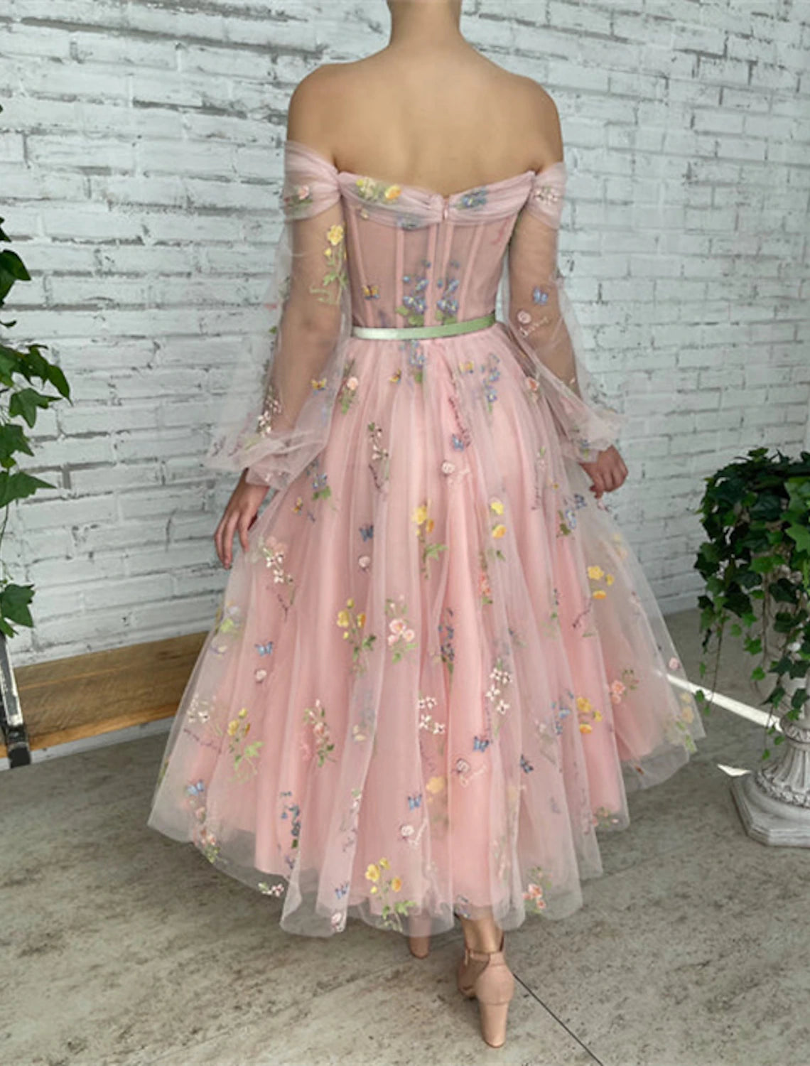 A-Line Prom Dresses Floral Dress Birthday Garden Party Ankle Length Long Sleeve Off Shoulder Fall Wedding Guest Lace