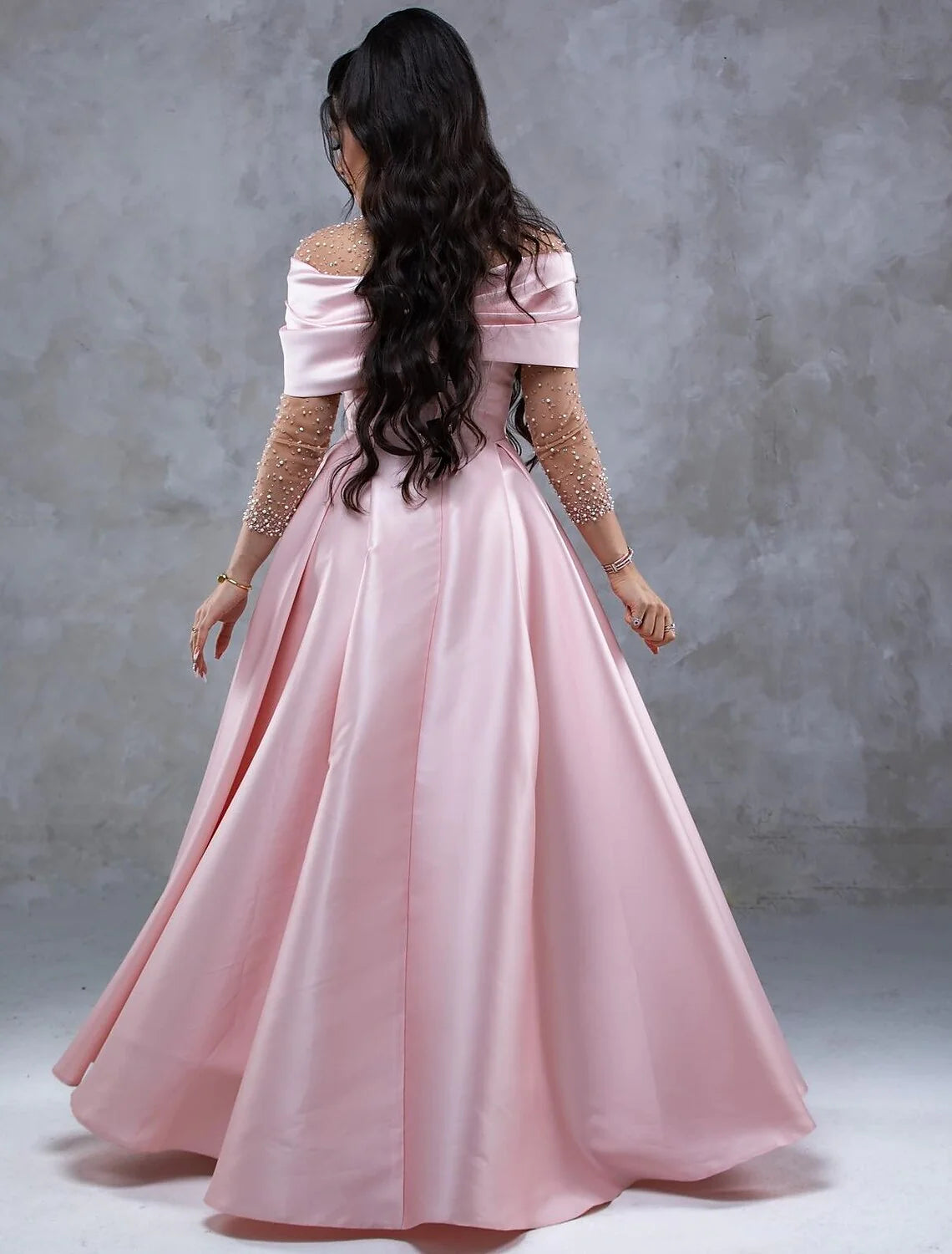 A-Line Evening Gown Elegant Dress Formal Prom Floor Length Short Sleeve Sweetheart Satin with Ruched Pearls Crystals