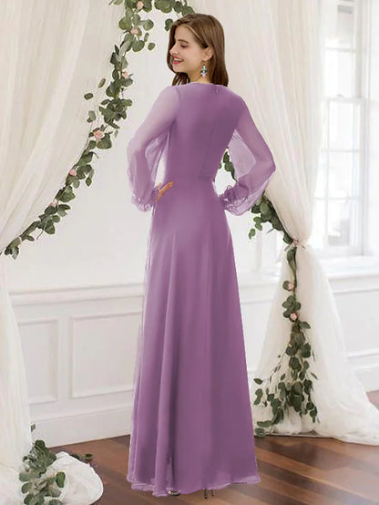 A-Line Bridesmaid Dress  Long Sleeve Elegant Floor Length Chiffon with Pleats