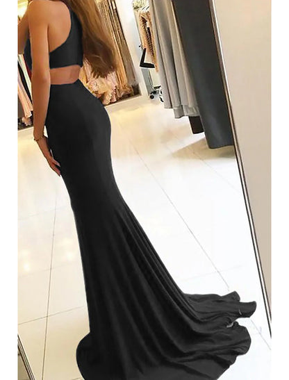 Mermaid / Trumpet Evening Gown Bodycon Dress Formal Prom Court Train Sleeveless High Neck Stretch Fabric