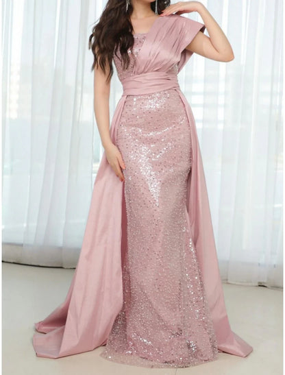 Evening Gown Glittering Dress Formal Sweep / Brush Train Short Sleeve One Shoulder Satin with Ruched Sequin