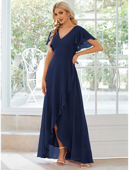 A-Line Wedding Guest Dresses Casual Dress Party Dress Wedding Party Asymmetrical Short Sleeve V Neck Bridesmaid Dress Chiffon