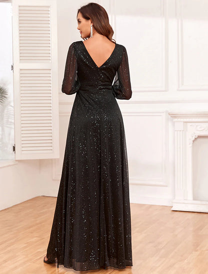 Evening Gown Empire Dress Party Wear Floor Length Long Sleeve V Neck Tulle V Back with Glitter Slit