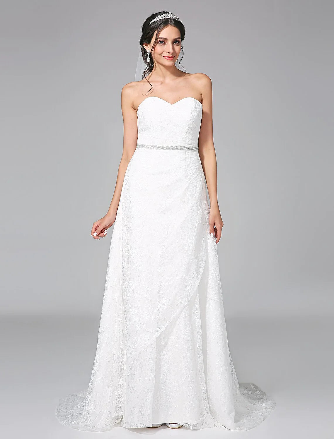 Wedding Dresses A-Line Sweetheart Sleeveless Sweep / Brush Train Lace Bridal Gowns With Sash / Ribbon Side-Draped