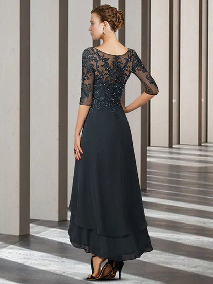 A-Line Mother of the Bride Dress Elegant High Low V Neck Asymmetrical Ankle Length Chiffon Lace Half Sleeve with Beading Ruffles Appliques