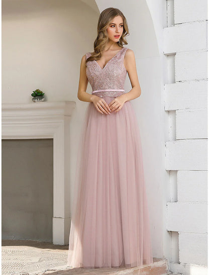 Evening Gown Elegant Dress Wedding Guest Formal Evening Floor Length Sleeveless V Neck Satin V Back with Sash / Ribbon Sequin