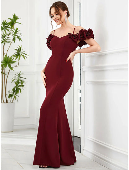 Evening Gown Vintage Dress Engagement Floor Length Sleeveless Off Shoulder Polyester with Ruffles