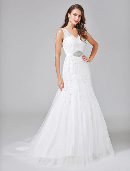 Wedding Dresses A-Line V Neck Sleeveless Court Train Lace Bridal Gowns With Sash / Ribbon Beading