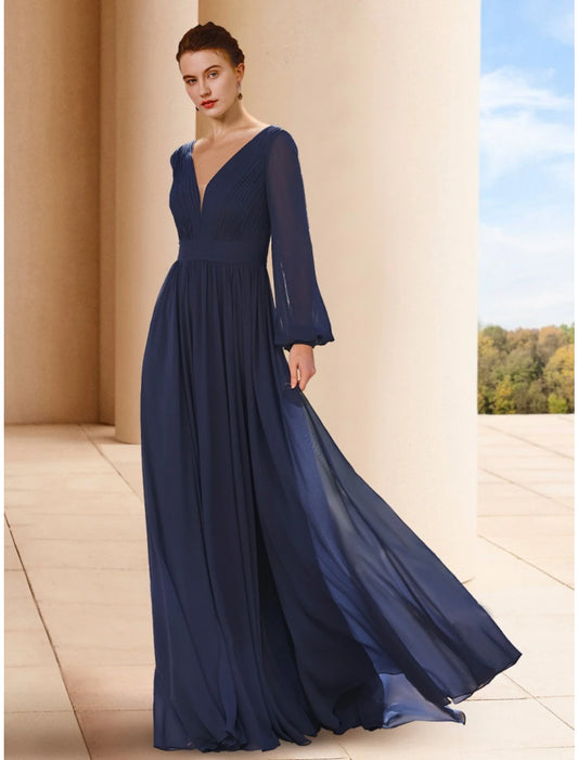 A-Line Mother of the Bride Dress Wedding Guest Elegant V Neck Floor Length Chiffon Long Sleeve