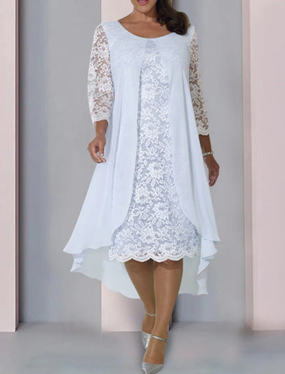 A-Line Mother of the Bride Dress Wedding Guest Elegant Scoop Neck Knee Length Chiffon Lace 3/4 Length Sleeve