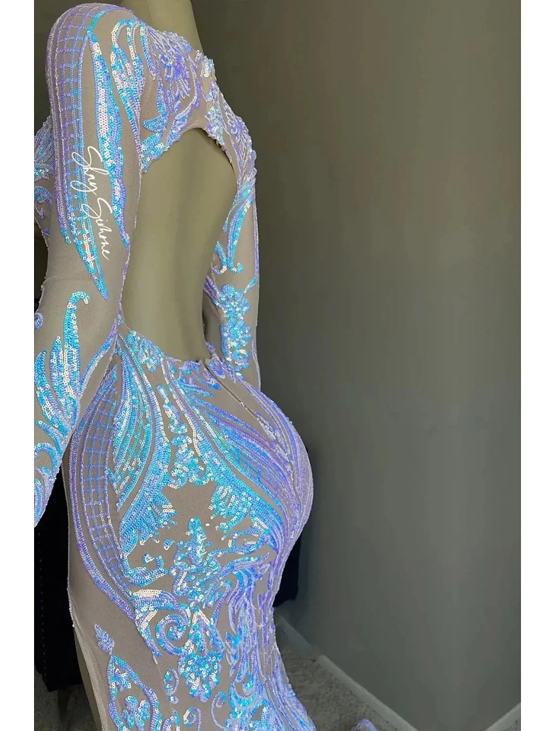 Evening Gown Floral Dress Formal Chapel Train Long Sleeve V Neck African American Sequined Backless with Sequin Slit