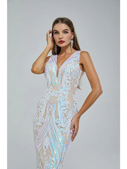 Evening Gown Elegant Dress Engagement Court Train Sleeveless V Neck Sequined