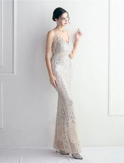 Evening Gown Sparkle & Shine Dress Formal Floor Length Short Sleeve Spaghetti Strap Polyester with Beading Sequin