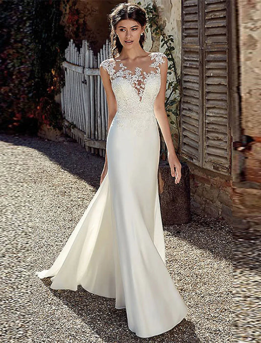 Beach Open Back Wedding Dresses Court Train Mermaid / Trumpet Cap Sleeve Illusion Neck Chiffon With Appliques