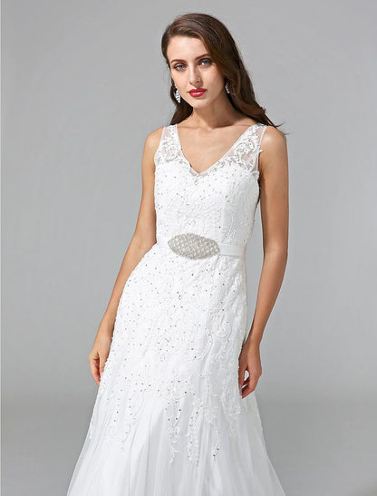 Wedding Dresses A-Line V Neck Sleeveless Court Train Lace Bridal Gowns With Sash / Ribbon Beading