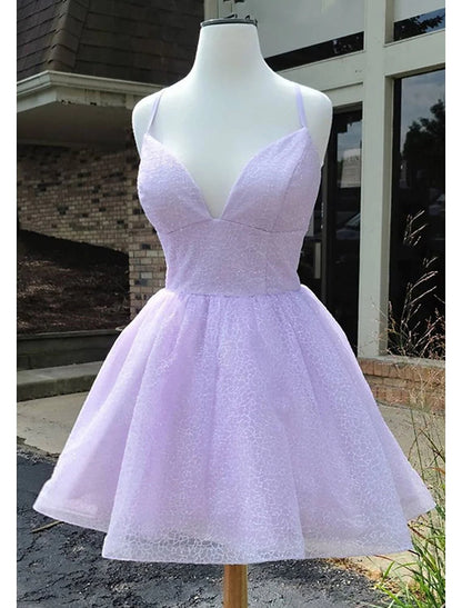 A-Line Homecoming Dresses Mini Sparkly Dress Sleeveles Lace Dress Spaghetti Strap Tulle With Glitter