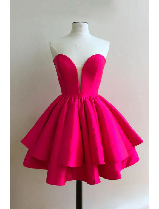 A-Line Homecoming Dresses Princess Dress Holiday Short / Mini Sleeveless Strapless Barbiecore Satin