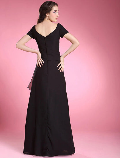 Evening Floor Length Short Sleeve V Neck Chiffon with Beading Ruffles