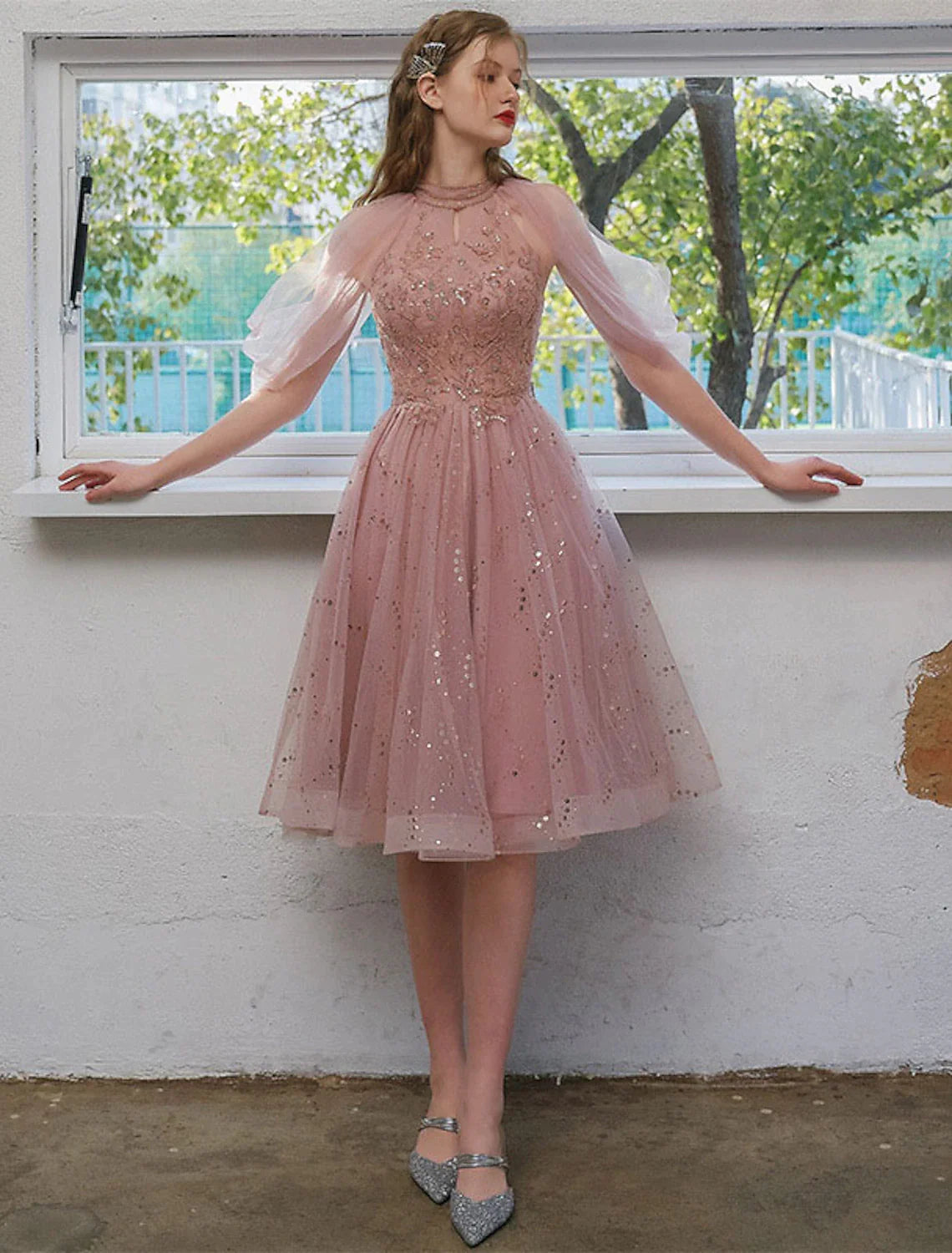 A-Line Cocktail Dresses Party Dress Graduation Engagement Knee Length 3/4 Length Sleeve Jewel Neck Tulle with Sequin Appliques