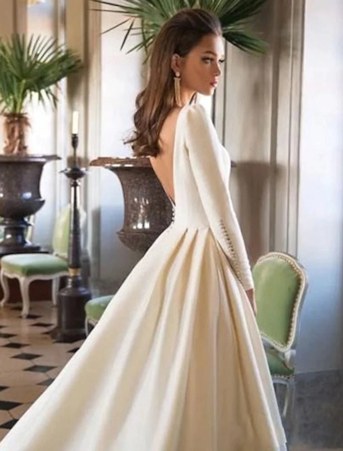 Formal Wedding Dresses Ball Gown Scoop Neck Long Sleeve Court Train Satin Bridal Gowns With Buttons Pleats