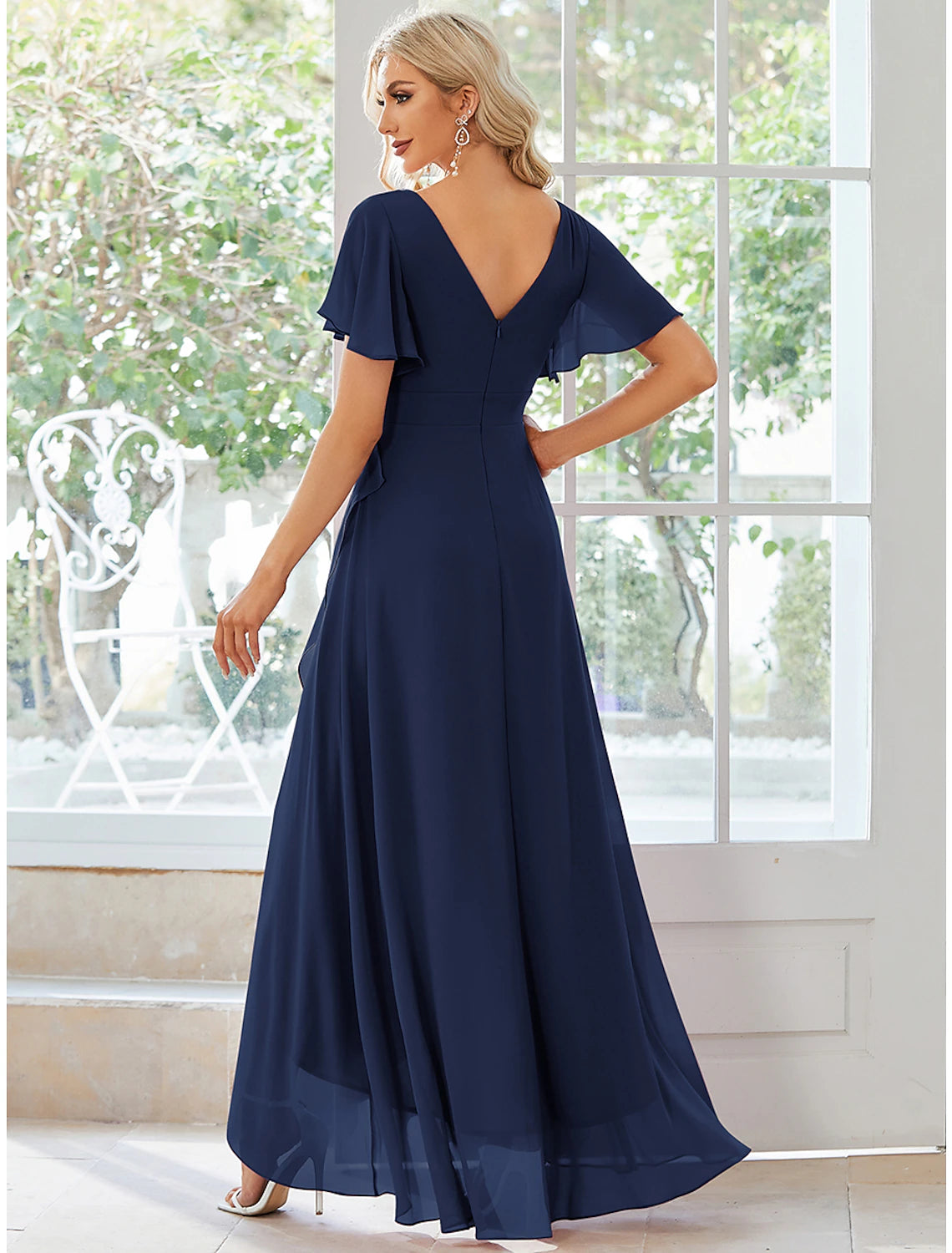 A-Line Wedding Guest Dresses Casual Dress Party Dress Wedding Party Asymmetrical Short Sleeve V Neck Bridesmaid Dress Chiffon