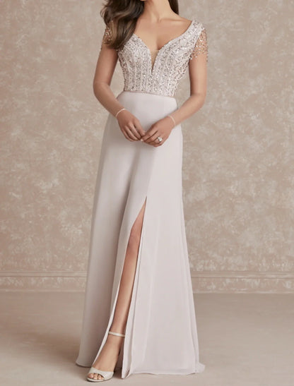 Evening Gown Glittering Dress Engagement Sweep / Brush Train Short Sleeve V Neck Chiffon with Sequin Slit