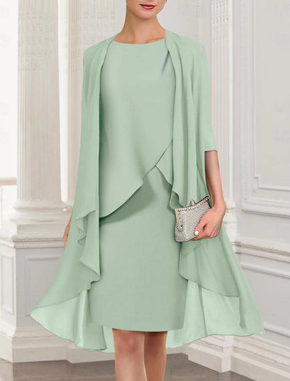 Two Piece Sheath / Column Mother of the Bride Dress Elegant Jewel Neck Knee Length Chiffon Half Sleeve Wrap Included