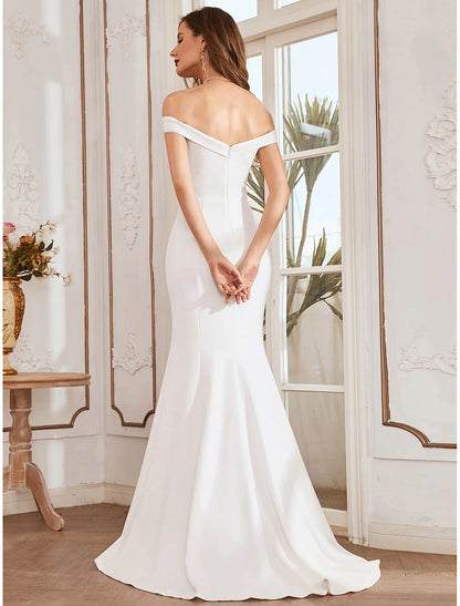 Reception Casual Wedding Dresses Mermaid / Trumpet Off Shoulder Cap Sleeve Sweep / Brush Train Bridal Gowns With Pleats Draping