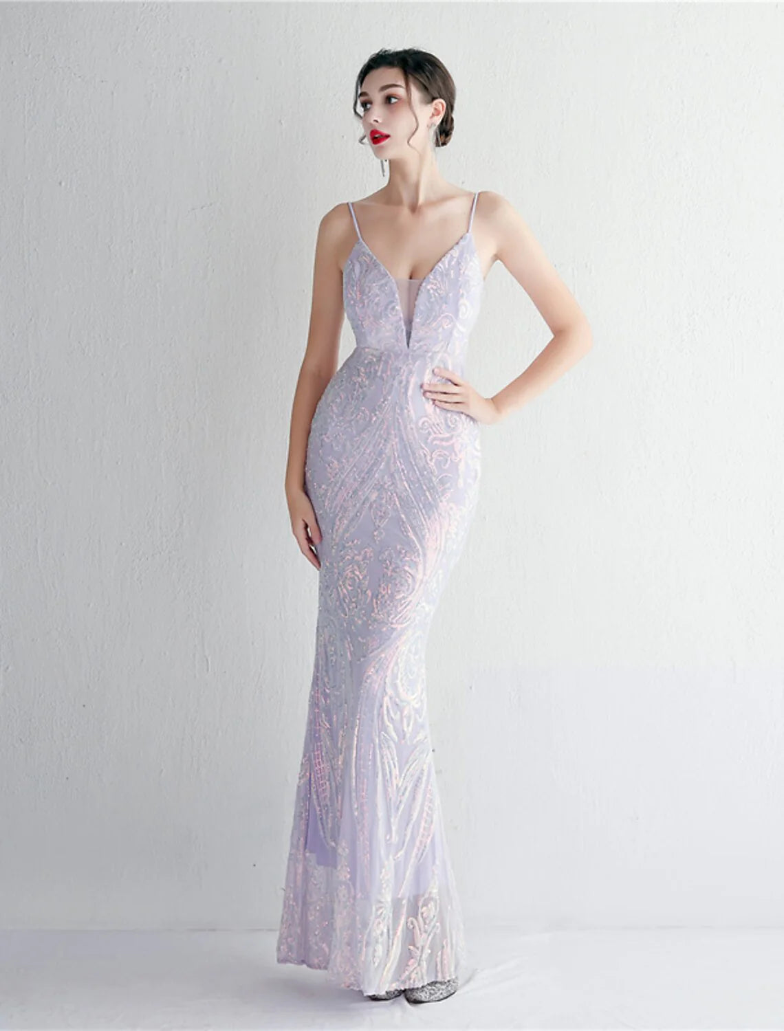 Evening Gown Sparkle & Shine Dress Formal Floor Length Sleeveless Spaghetti Strap Sequined with Sequin