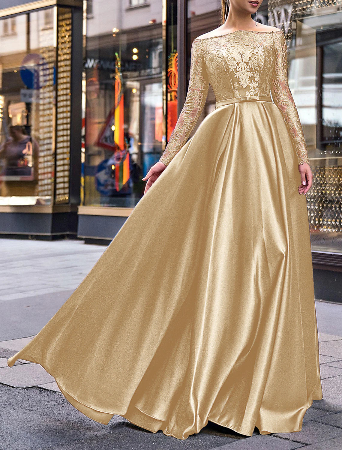 A-Line Evening Gown Party Dress Elegant Dress Wedding Guest Fall Floor Length Long Sleeve Off Shoulder Belt / Sash Satin