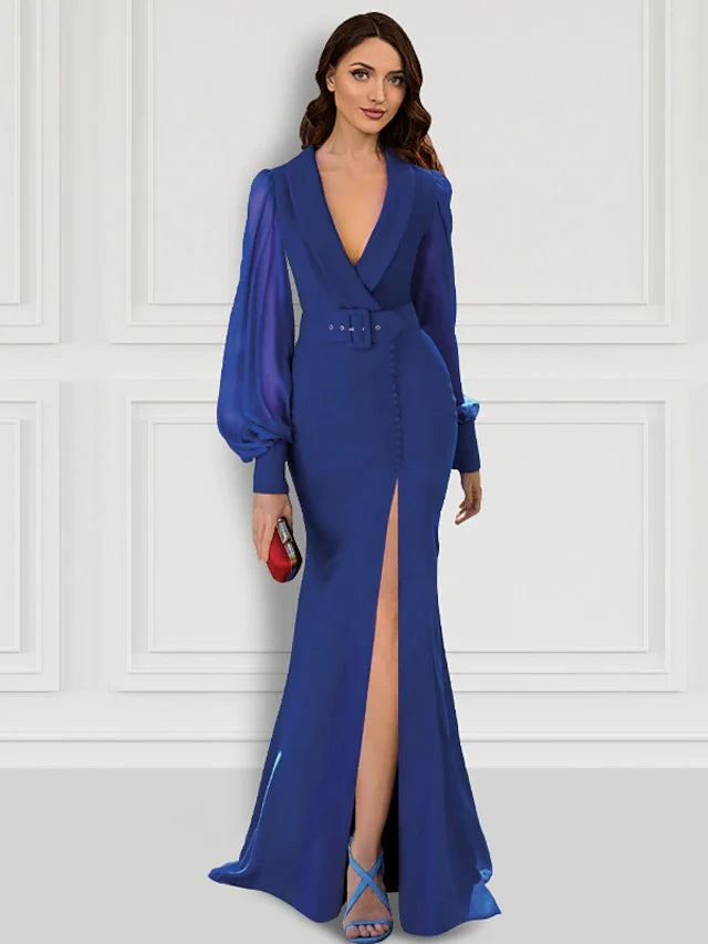 Evening Gown Elegant Dress Formal Sweep / Brush Train Long Sleeve V Neck Belt / Sash Stretch Fabric with Buttons Slit