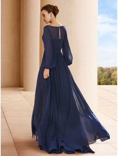 A-Line Mother of the Bride Dress Wedding Guest Elegant V Neck Floor Length Chiffon Long Sleeve