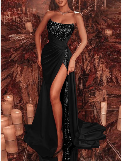 Sheath Evening Gown Celebrity Style Dress Formal Court Train Sleeveless Strapless Sequined