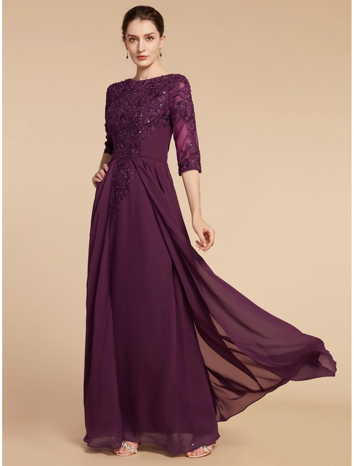 Sheath / Column Mother of the Bride Dress Wedding Guest Elegant Scoop Neck Floor Length Chiffon Lace Half Sleeve