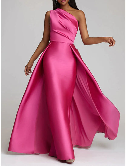 Sheath Red Green Dress Evening Gown Hot Pink Dress Wedding Guest Floor Length Sleeveless One Shoulder Satin with Overskirt Pure Color