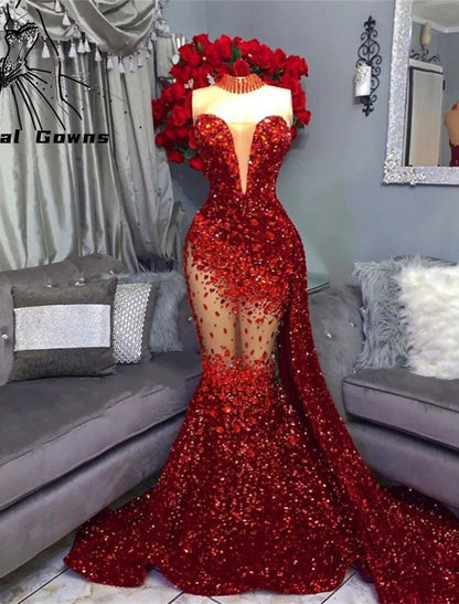 Mermaid Evening Gown Sparkle Prom Dress Carnival Formal Court Train Sleeveless Strapless African American Sequined