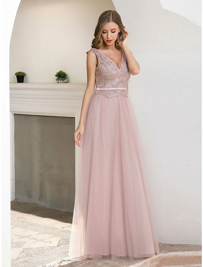 Evening Gown Elegant Dress Wedding Guest Formal Evening Floor Length Sleeveless V Neck Satin V Back with Sash / Ribbon Sequin