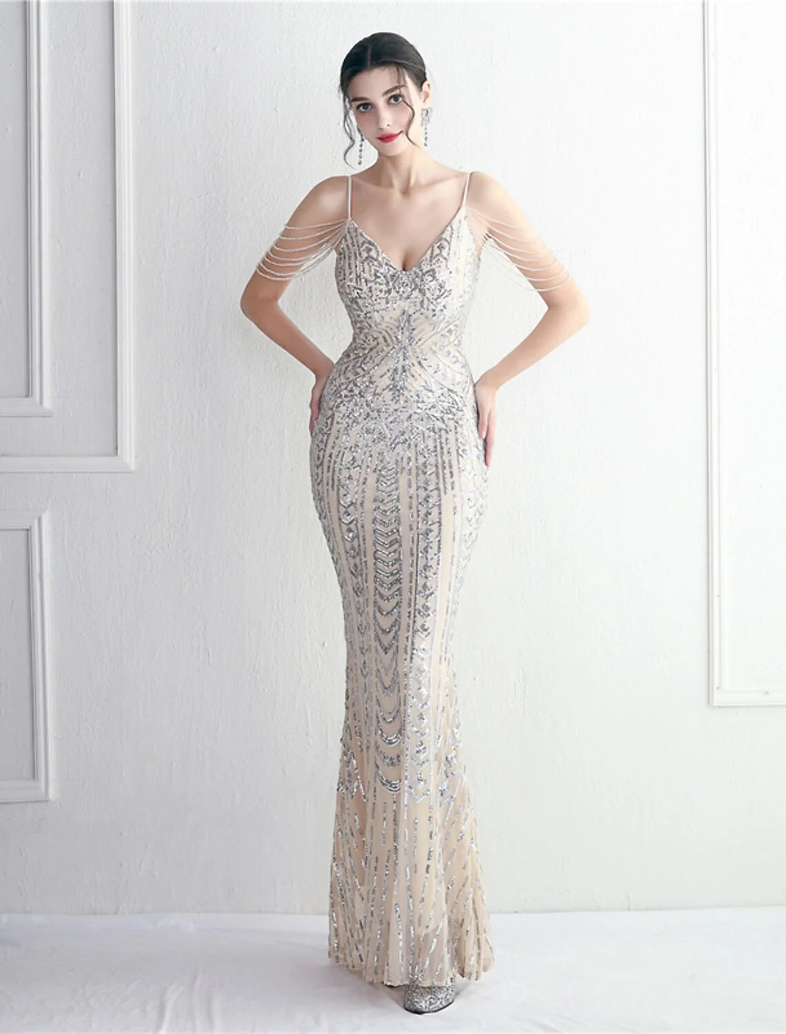 Evening Gown Sparkle & Shine Dress Formal Floor Length Short Sleeve Spaghetti Strap Polyester with Beading Sequin