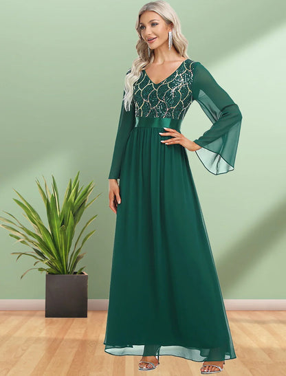 Evening Gown Elegant Dress Party Wear Floor Length Long Sleeve V Neck Chiffon with Sequin