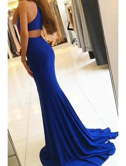 Mermaid / Trumpet Evening Gown Bodycon Dress Formal Prom Court Train Sleeveless High Neck Stretch Fabric